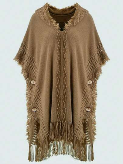 1 pieza Capa suelta con capucha tipo poncho para mujer con flecos de unicolor, adecuado para oficina, hogar, exterior, viajes, suéter holgado de punto extra grande con flecos