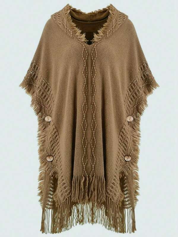 1 pieza Capa suelta con capucha tipo poncho para mujer con flecos de unicolor, adecuado para oficina, hogar, exterior, viajes, suéter holgado de punto extra grande con flecos