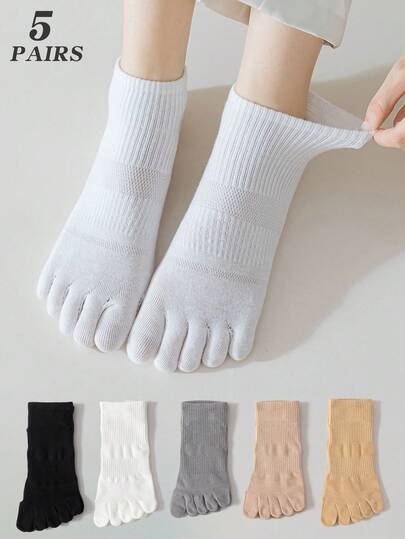 2/5 Pairs Women Multicolor Mixed, Solid Color, Waist Gathering Mesh, Five Toe Separation, Anti-Odor, Light-Weight Breathable Knit Fabric, INS/Japanese Style Minimalist Five Toe Ankle Socks, Suitable For Home, Commute, Casual, Sports, Holiday Gifts, Fall