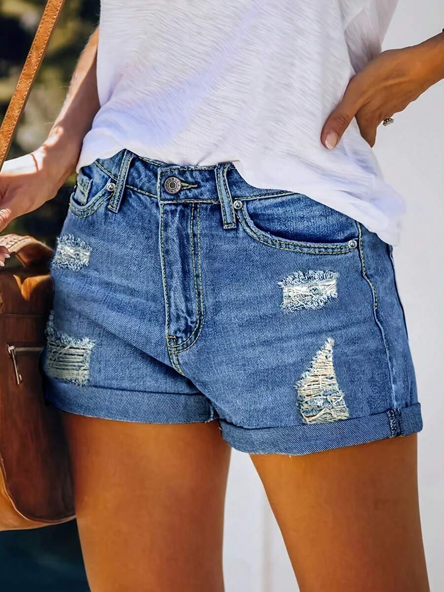 Women's Denim Ripped Shorts, Mid-Rise Elastic Summer Slim Fit Trouser Legs Rolled-Up Shorts Jorts, Solid Color Versatile Fashion Casual, Elegant For Daily Commuting Jean Shorts, Brushed Design Shorts For Women. - Rửa trung bình - Xem 1