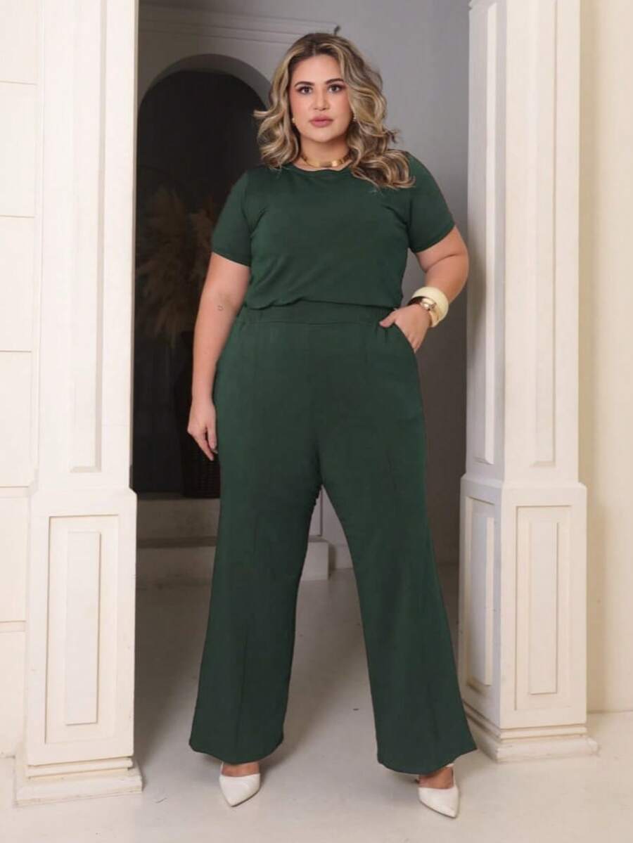 Women's Plus Size Set Of Sweatpants And Short-Sleeved Top - 軍綠色 - 查看 1