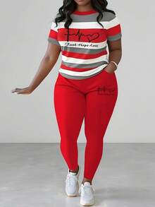 Leisure Color Block Plus Size Two-Piece Set, Crew Neck Long Sleeve Top & Pants Outfits, Heart & Letter Print Women's Clothing - Đỏ - Xem 2