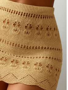 Beach Cover-Up Crochet Knit Lace Skirt With Elastic Waistband And Adjustable Waistband - Màu be - Xem 2