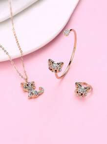 1 Stück Halskette, 1 Stück Armband, 1 Stück Ring, Studenten Katze Zinklegierung Pink Oil Drop transparentes weißes Acryl Strass vergoldetes süßes Schmuckset, geeignet für den täglichen Gebrauch