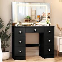 100cm Dressing Table Black Vanity With LED Mirror And Drawers Makeup Desk Set - LED Lighted Mirror Dresser Table With Drawers Vanity Desk Bedroom