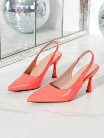 Women's Pointed Toe Elastic Strap Glossy Leather Flats, Elegant Stiletto High Heel Sandals Suitable For Daily Wear, Spring/Summer