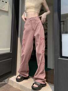 Women's Solid Color Mid-Waist Straight Loose Fit Butterfly Embroidery Casual Jeans
