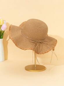 1 szt. damski kapelusz przeciwsłoneczny na wiosnę/lato z falowanym rondem i wstążką kokardką, idealny na plażę, podróż lub wakacje, kapelusze słomkowe boho