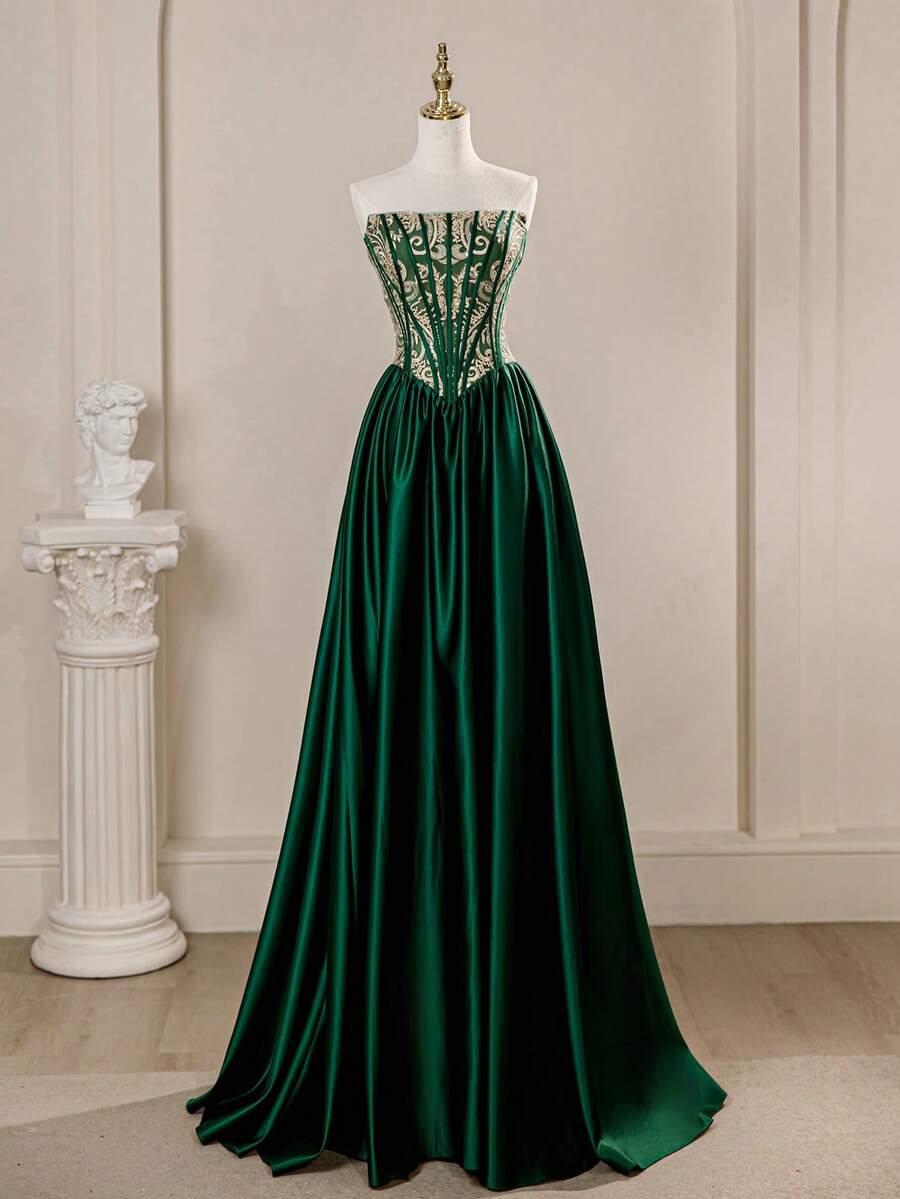 Rolarold 新年高贵奢华露肩蕾丝贴花宫廷风A字舞会礼服，优雅正式晚宴舞会礼服，适合毕业典礼、晚宴、婚礼宾客穿着