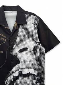 1 件花卉印花休闲男士沙滩衬衫，独特的 Y2K 轮廓图案，夏威夷风格，春夏 - 黑色 - 查看 2