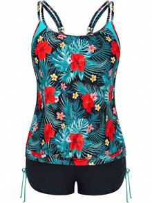 Womens Plus Size Striped Printed Strappy Tankini Top With Shorts Two Pieces Swimsuit - Green Leaf - View 1