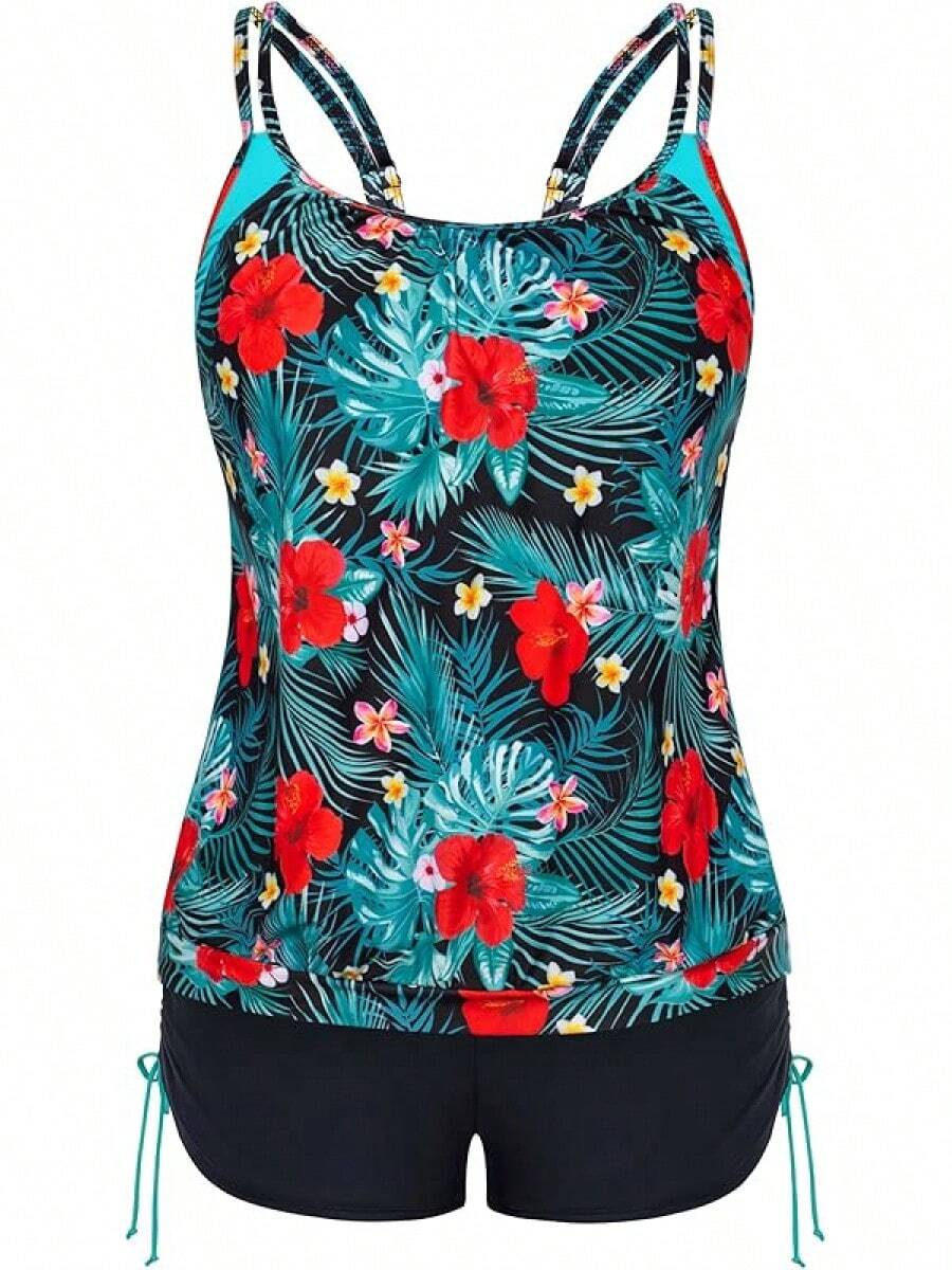 Womens Plus Size Striped Printed Strappy Tankini Top With Shorts Two Pieces Swimsuit - Green Leaf - View 1