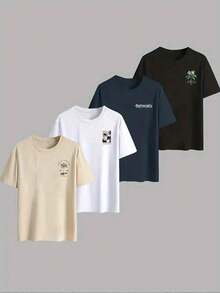 (220 Pieces Of Pure Cotton T-Shirts) 4PC Printing Casual Pure Cotton Printing Men's Summer Round Neck Short Sleeved Lining - Royal Blue + Apricot + White + Black - View 2