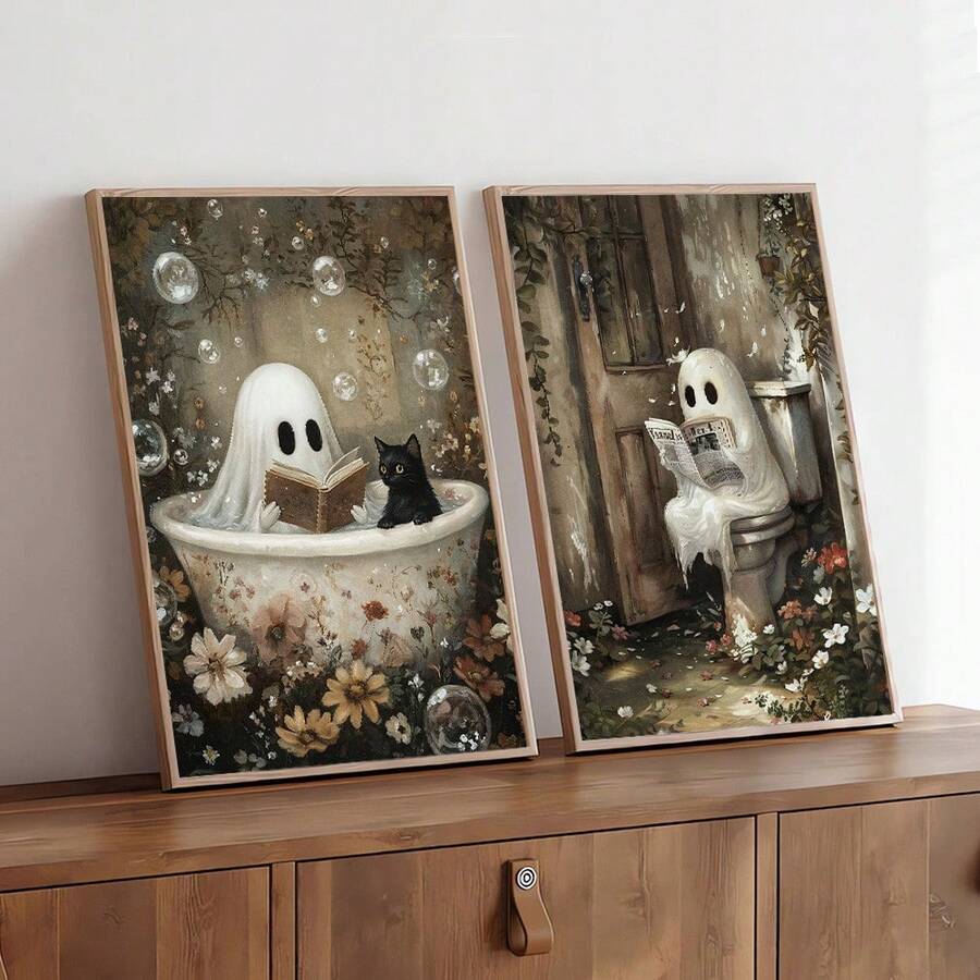 Set Of 2 Unframed Cute Ghost Cat Reading Book On Bathtub Halloween Wall Art Poster Canvas Print Spooky Gothic Dark Academia Bathroom Decor Painting For Apartment,Living Room,Toilet,Modern Home DecorationHalloween Decor Christmas Decoration Thanksgiving Wedding Home Decor Home Decor Fall Decor Autumn Decor Birthday Decorations For Gifts Party Supplies Indoor Holiday Festival Decor Wall Decor Halloween Ornaments - Multicolor - View 1