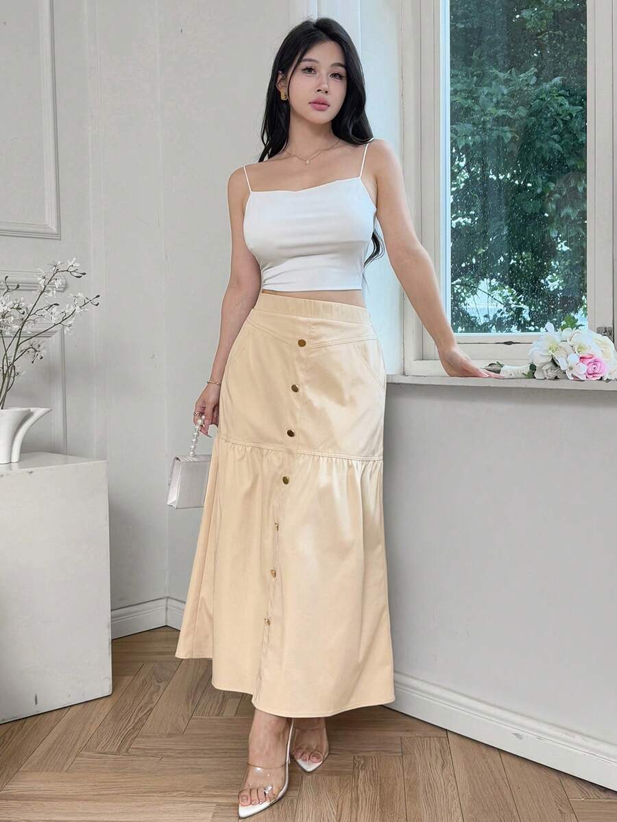 Falda midi de línea A con decoración de botón metálico, elegante para mujeres - Albaricoque - Ver 1