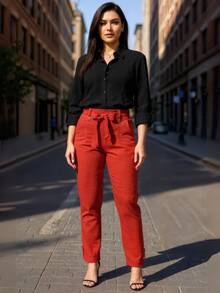 Women's Tailored Linen Trousers, High Waist With Belt, Tie Band And Elastic Waistband - Đỏ - Xem 2