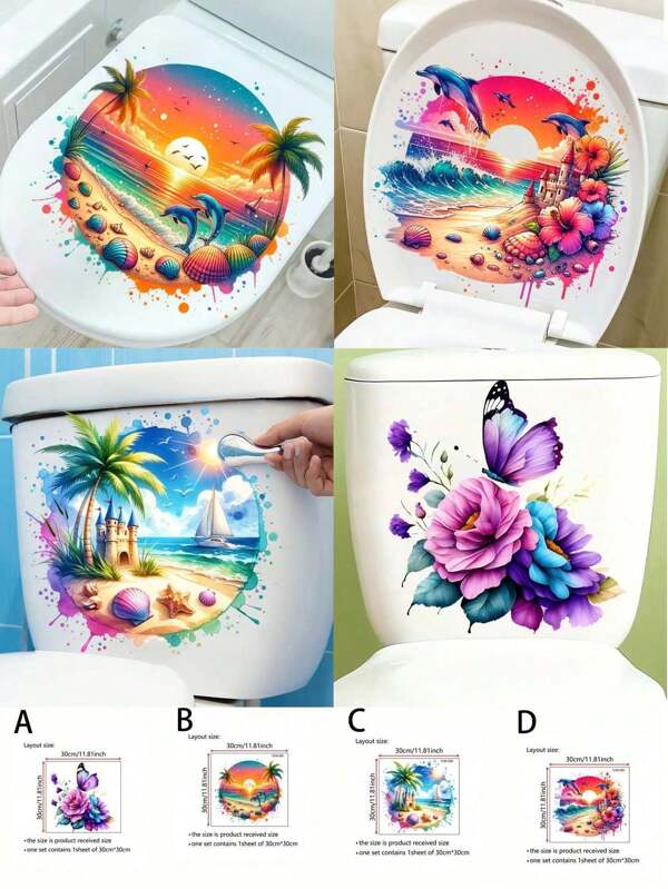 1pc Purple Butterfly Creative Toilet Sticker, Coconut Tree Seaside Toilet Sticker - Ocean Theme Bathroom Accessories Simple Design, Suitable For Living Room, Bedroom, Bathroom, Toilet Seat Decoration And Home Decor, Stickers, Wall Decals, Vinyl Decals For Home Bathroom Decoration, Spring Decoration Make Your Home Fresh, Holiday Decoration Stickers Gift Birthday Graduation