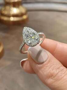 1pc 925 Sterling Silver Teardrop Diamond Engagement Ring, Promise Ring, Eternity Ring, Exquisite Jewelry Gift For Women - Silver - View 6