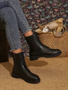 Women's Lace-Up Short Boots, New Spring/Autumn Style, Comfortable Round Toe Flat Outdoor Boots With Side Zipper, Ankle Boots & Booties, Combat Boots, Fall, Winter, Vintage Brown Or Black Leather, All-Match Versatile Boots - Black - View 3