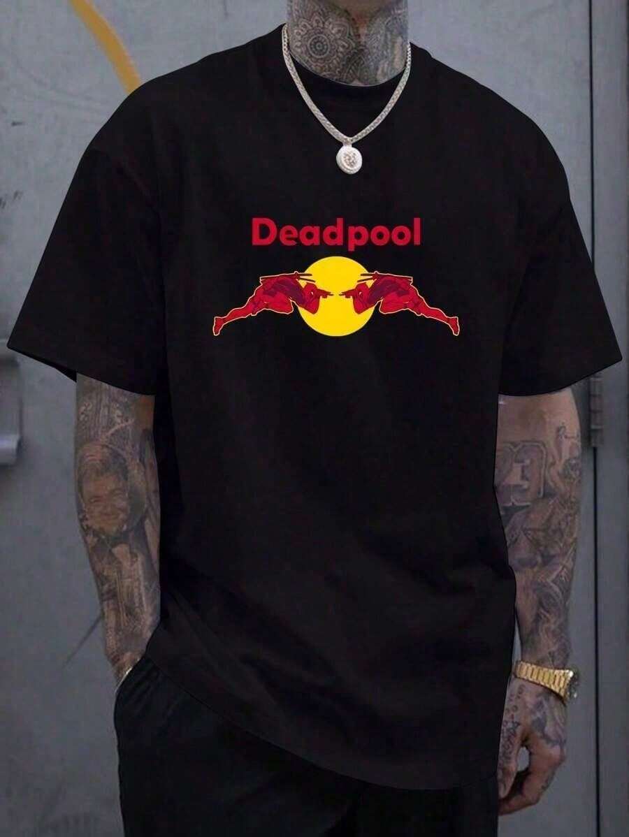 Men's Simple Red Bull Deadpool Graphic Round Neck Short Sleeve Black T-Shirt, Summer Tee Comfortable   Mens Clothes - 黑色 - 查看 1