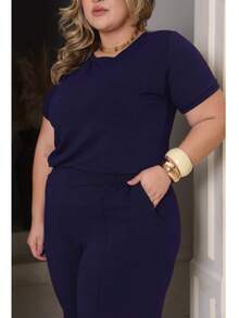 Women's Plus Size Set Of Sweatpants And Short-Sleeved Top - Navy Blue - View 4