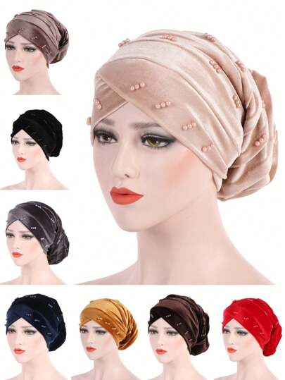 Nuovo Cappello Con Coulisse Arricciato E Perline Di Velluto Coreano Per Donne, Cappello Lungo Multicolore In Stile Europeo E Americano