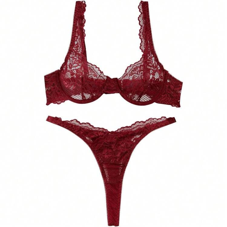 Lilosy Sexy Floral Lace Underwire Push Up Lingerie Set Outfits - Burgundy Red - View 3