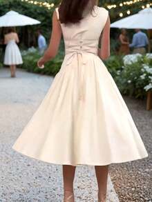 女士纯色露背吊带休闲度假通勤春夏连衣裙，优雅 - 米色 - 查看 5