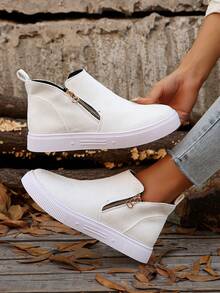 Fall/Winter 2025 Women's Ankle Boots And Short Boots, Beige Boots, Women's Flat Shoes, New Season Short Boots, Zipper Closure - White - View 3