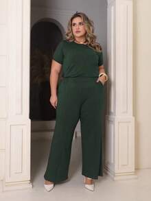 Women's Plus Size Set Of Sweatpants And Short-Sleeved Top - 軍綠色 - 查看 3
