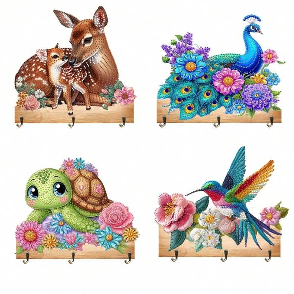 1pc DIY Diamond Painting Decorative Hanger And Coat Rack Wall Mount With 3 Hooks, Keys Organizer For Home Office Decor- Deers, Peacocks, Turtles, Hummingbirds Patterns Diamond Art Wall Hooks Hangers For Towels, Hats, Keys, Decorative Wall Art With Special Shape Crystal Rhinestone, Suitable For For Entryway, Front Door, Hallway, Office, A Great Gifts For Friends And Family.