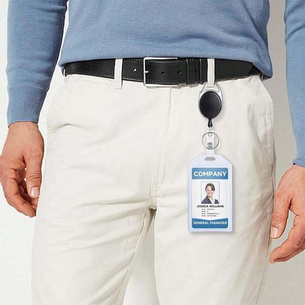 1 pieza Portador de identificación de plástico transparente para uso en la escuela con clip de carrete Carabiner y etiquetas de nombre extra Thick Clear, regalos de vuelta a la universidad