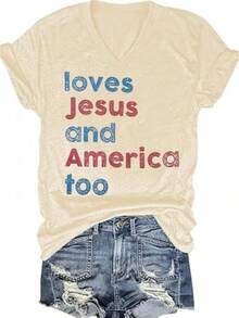 4th Of July V Neck Patriotic T-Shirts Women American Flag Print Faith Family Freedom Letter Casual Short Sleeve Tee Tops Halloween Christmas New Year - 杏色 - 查看 2