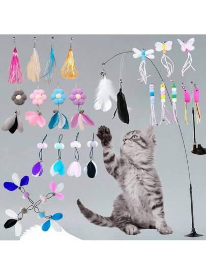 1/3/5/9件羽毛装饰逗猫棒带吸盘和铃铛玩具，适用于猫咪互动用品