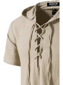 S.Men's Cotton Vintage Hooded Design Short Sleeve Lace Up Shirts Renaissance Medieval Costume - Yellow - View 9