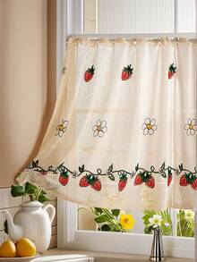 1 pieza Cortina de café con bordado de fresa, cortina de café con bordado de fresa en estilo minimalista fresco con ojal, cortina de ventana de cocina, cortina de café, cortina divisoria, apta para gabinete de cocina, ventana de bahía, cortina de puerta, decoración del hogar