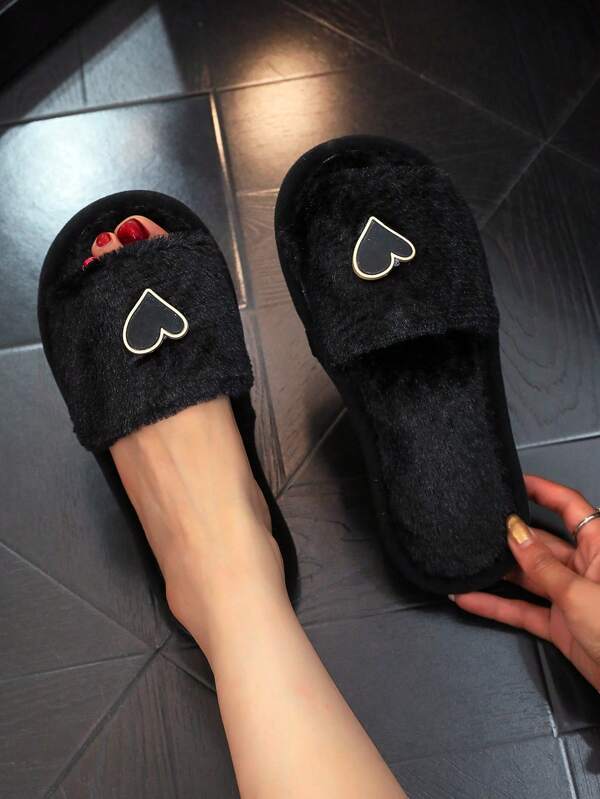 Heart Decor Plush Slippers For Women, Soft Comfortable Lightweight Slip-On For Indoor/Bedroom, Suitable For All Seasons
