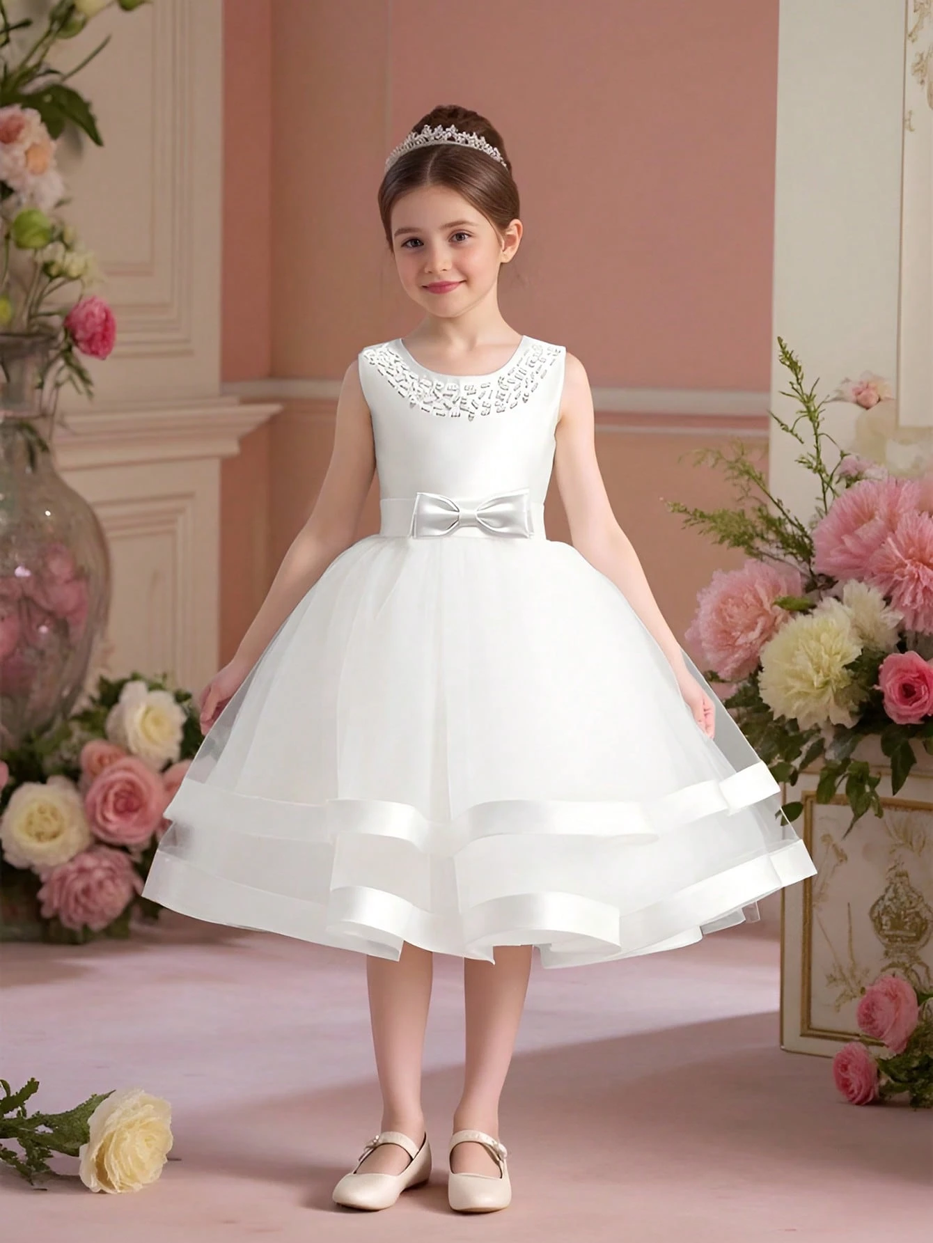 Young Girls Solid Color Bow Mesh Satin Sleeveless Puffy Skirt, Elegant