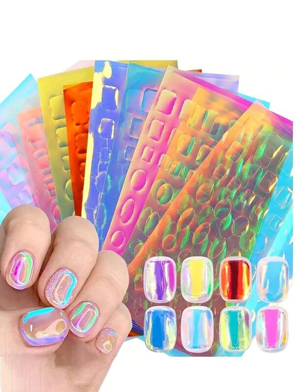 6 piezas de pegatinas de uñas transparentes con diseño de cubitos de hielo de aurora - Papel holográfico 3D de cubitos de hielo para transferir a uñas - Purpurina adhesiva de vidrio reflectante estilo coreano para decoración de uñas