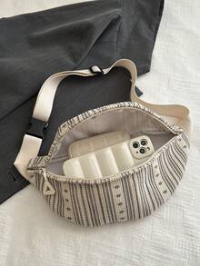 Fashion Large Capacity 2024 Striped Personalized Korean Style Shoulder Crossbody Waist Bag For Women - Beige - View 7