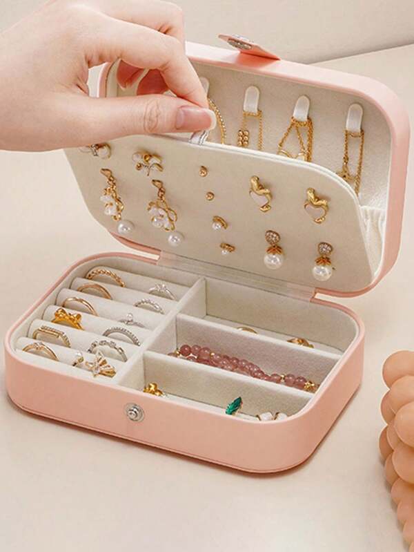 1pc Portable PU Leather Jewelry Box, Earring Stud Necklace Jewelry Storage Case, Multifunctional PU Leather Jewelry Box With Large Capacity And Buckle For Cosmetics, Lipstick, Accessories