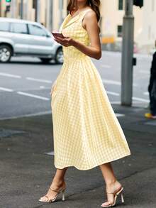 Đầm kẻ caro kiểu Pháp Oulis, thích hợp cho mùa xuân/hè, ngày Valentine, dành cho quý cô thanh lịch, kỳ nghỉ hè, đám cưới, đi chơi, du lịch, bãi biển, nghỉ xuân. - Màu vàng - Xem 3