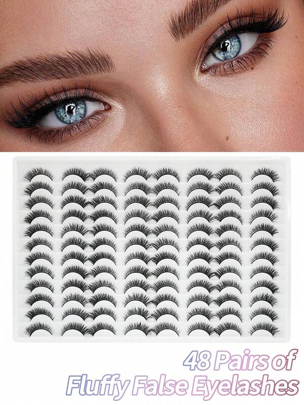 48 Pair Of One Piece Full False Eyelashes, Fine Imitation Mink Eyelashes, Fluffy And Messy, Manual False Eyelashes, Natural Appearance, Soft And Comfortable False Eyelashes, Suitable For All Eye Type False Eyelashes, Suitable For Novices