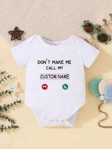 [Customized] Personalized Name Customized Unisex Baby Romper Short Sleeve Bodysuit, Cute Casual Jumpsuit Romper - White Round Neck, Comfortable & Breathable - White - View 1