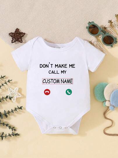 [Customized] Personalized Name Customized Unisex Baby Romper Short Sleeve Bodysuit, Cute Casual Jumpsuit Romper - White Round Neck, Comfortable & Breathable