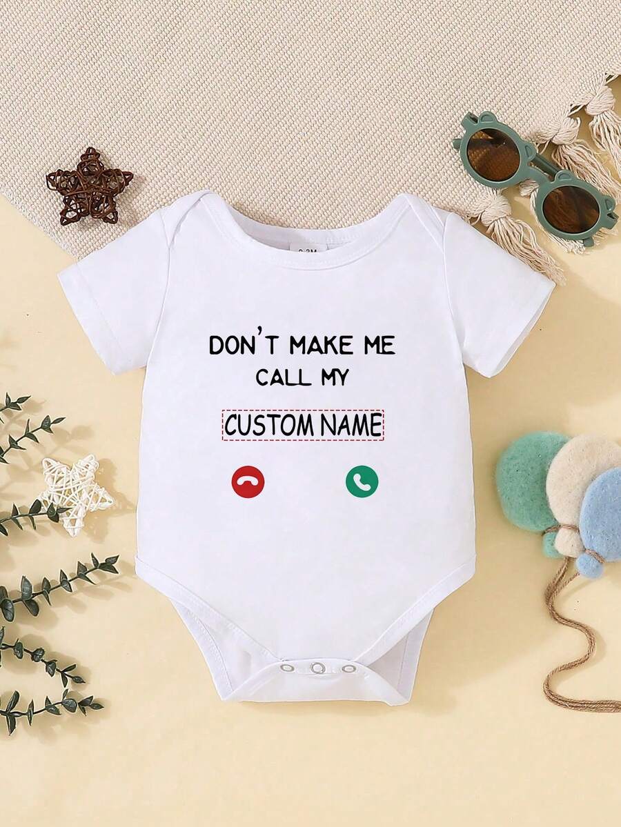 [Customized] Personalized Name Customized Unisex Baby Romper Short Sleeve Bodysuit, Cute Casual Jumpsuit Romper - White Round Neck, Comfortable & Breathable - White - View 1