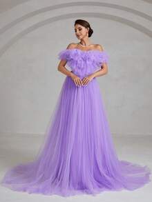 Faeriesty Váy cưới voan mỏng sang trọng, hở vai, thiết kế xếp tầng ở vai, chân váy voan mỏng nhẹ, vạt váy dài thướt tha chạm sàn - Hoàn hảo cho lễ cưới tại nhà thờ, lễ cưới ngoài trời, tiệc cưới trong nhà và chụp ảnh cưới. Mùa xuân - Màu tím - Xem 4