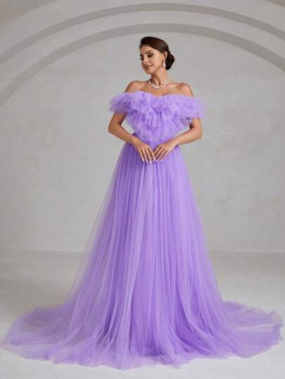 Faeriesty Elegant Cold-Shoulder Sheer Bridal Gown, Layered Ruffle Shoulder Design, Delicate Sheer Skirt, Flowing Floor-Length Hem - Perfect For Church Weddings, Garden Ceremonies, Indoor Receptions, And Bridal Photoshoots.