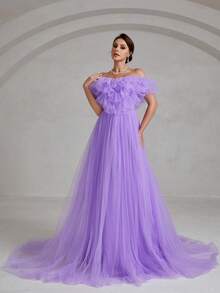 Faeriesty Váy cưới voan mỏng sang trọng, hở vai, thiết kế xếp tầng ở vai, chân váy voan mỏng nhẹ, vạt váy dài thướt tha chạm sàn - Hoàn hảo cho lễ cưới tại nhà thờ, lễ cưới ngoài trời, tiệc cưới trong nhà và chụp ảnh cưới. Mùa xuân - Màu tím - Xem 3