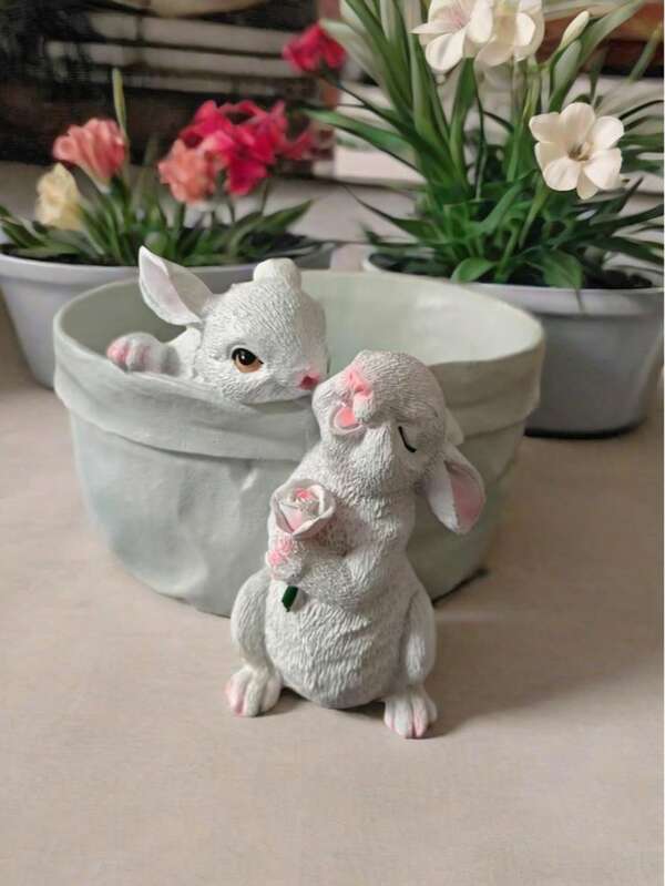 1pc Resin Rabbit Flower Pot Hanging Decor, Faux Animal Garden Ornament